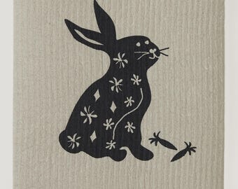 Happy Hare (Black) on Sand Swedish Dishcloth