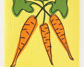 Carrots on Yellow Swedish Dishcloth (by Three Bluebirds)