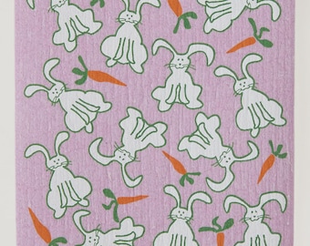 Bunnies on Rose Swedish Dishcloth (by Three Bluebirds)