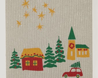 Cozy Christmas Village on Sand Swedish Dishcloth