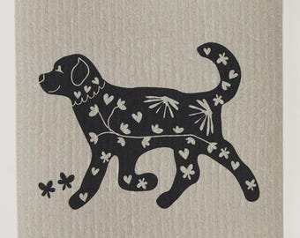 Playful Pup on Sand Swedish Dishcloth