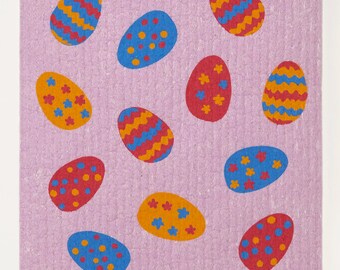 Easter Eggs on Rose Swedish Dishcloth (by Three Bluebirds)