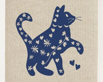 Blue Cool Cat on Sand Swedish Dishcloth