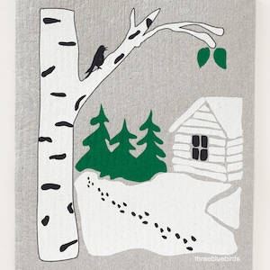 Snowy Cabin on Grey Swedish Dishcloth by Three Bluebirds image 1