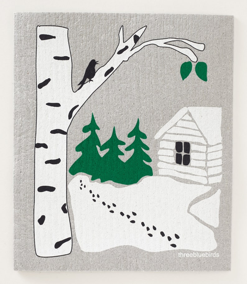 Snowy Cabin on Grey Swedish Dishcloth by Three Bluebirds image 1