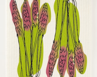 Asparagus on White Swedish Dishcloth (by Three Bluebirds)