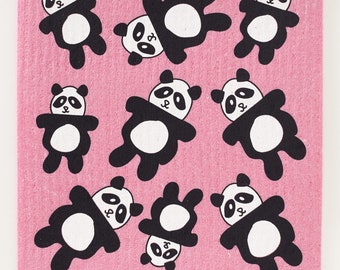 Pandas on Pink Swedish Dishcloth (by Three Bluebirds)