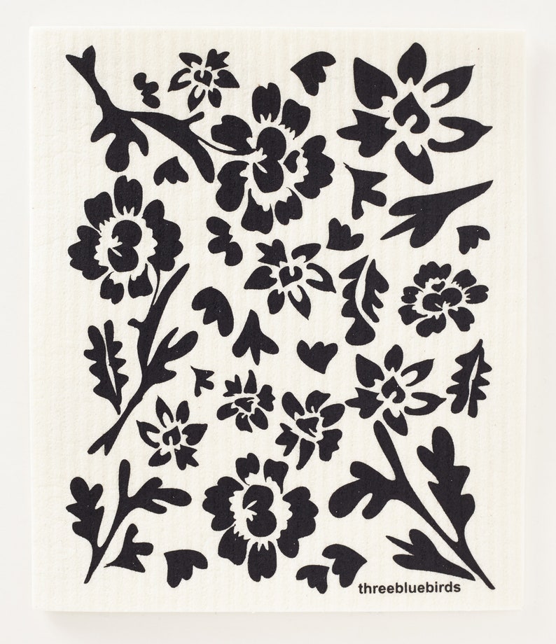 Black Flora on White Swedish Dishcloth - Thumbnail 5