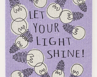 Let Your Light Shine! on Purple Swedish Dishcloth (by Three Bluebirds)