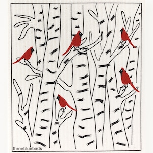 Winter Cardinals Swedish Dishcloth (by Three Bluebirds)