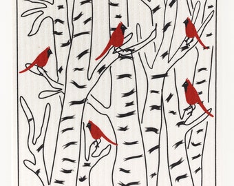 Winter Cardinals Swedish Dishcloth (by Three Bluebirds) 