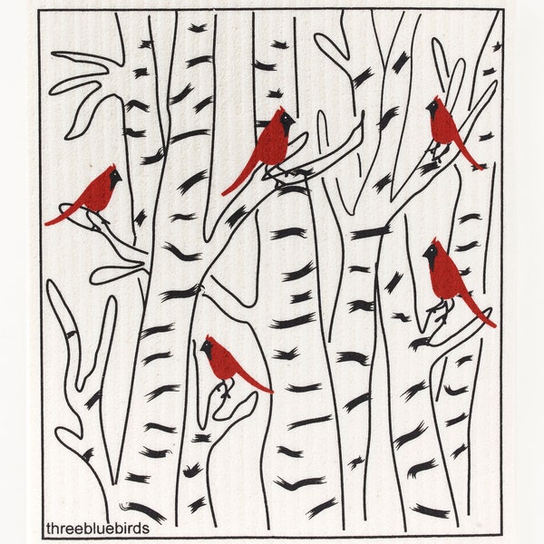 Winter Cardinals Swedish Dishcloth (by Three Bluebirds) 