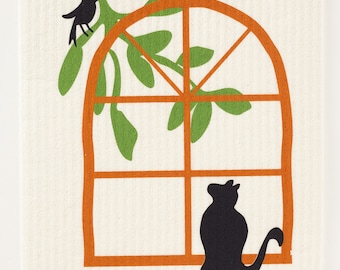 Cat in the Window Swedish Dishcloth (by Three Bluebirds)