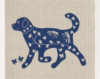 Blue Playful Pup on Sand Swedish Dishcloth