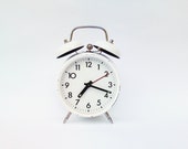 Vintage soviet alarm clock white retro clock USSR collectible metal clock mid century mechanical clock working condition clock wind up alarm
