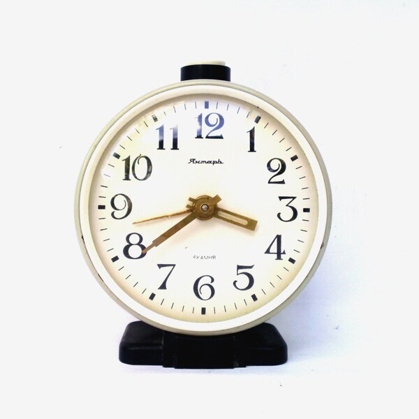 Vintage soviet union alarm clock Jantar off white mechanical clock retro clock mid century alarm clock home decor made in USSR 70s