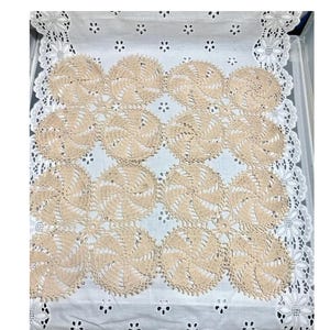 Doily Delicate Large Hand Crocheted Ecru Doily of 16 Round Pinwheel Design Circles  CottageCore MCM Exc. Condition