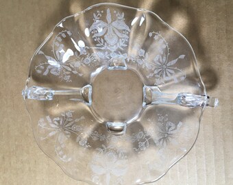 Heisey Crystal Footed Candy Dish or Jelly Dish VTG Etched Iris with Lovely Curved Handles Made in America Gift