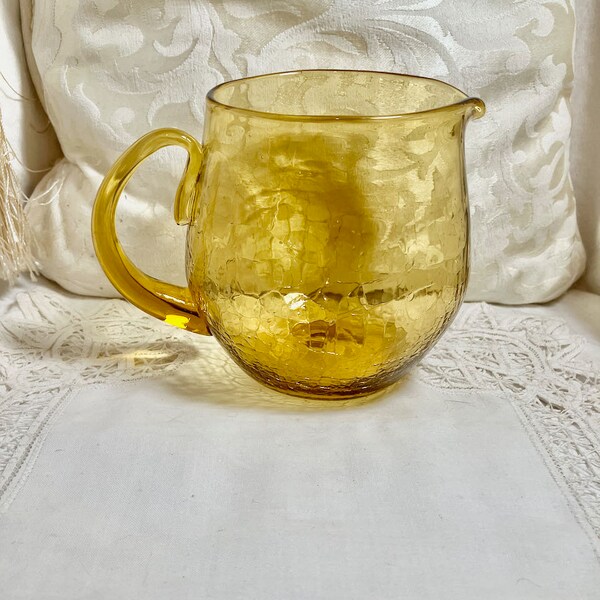 Vintage Blenko Amber Gold Crackle Glass Pitcher Large Vtg Glass Jug Pitcher  Hand-Blown Crackle Finish Glass Pitcher