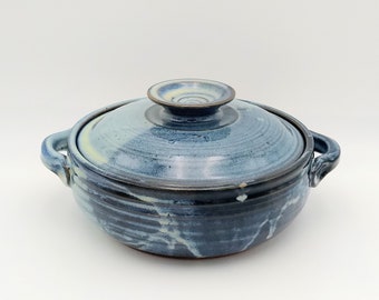 Textured Butterfly Motif Large Vintage Handmade Ceramic Casserole Dish With Lid Blue Tan