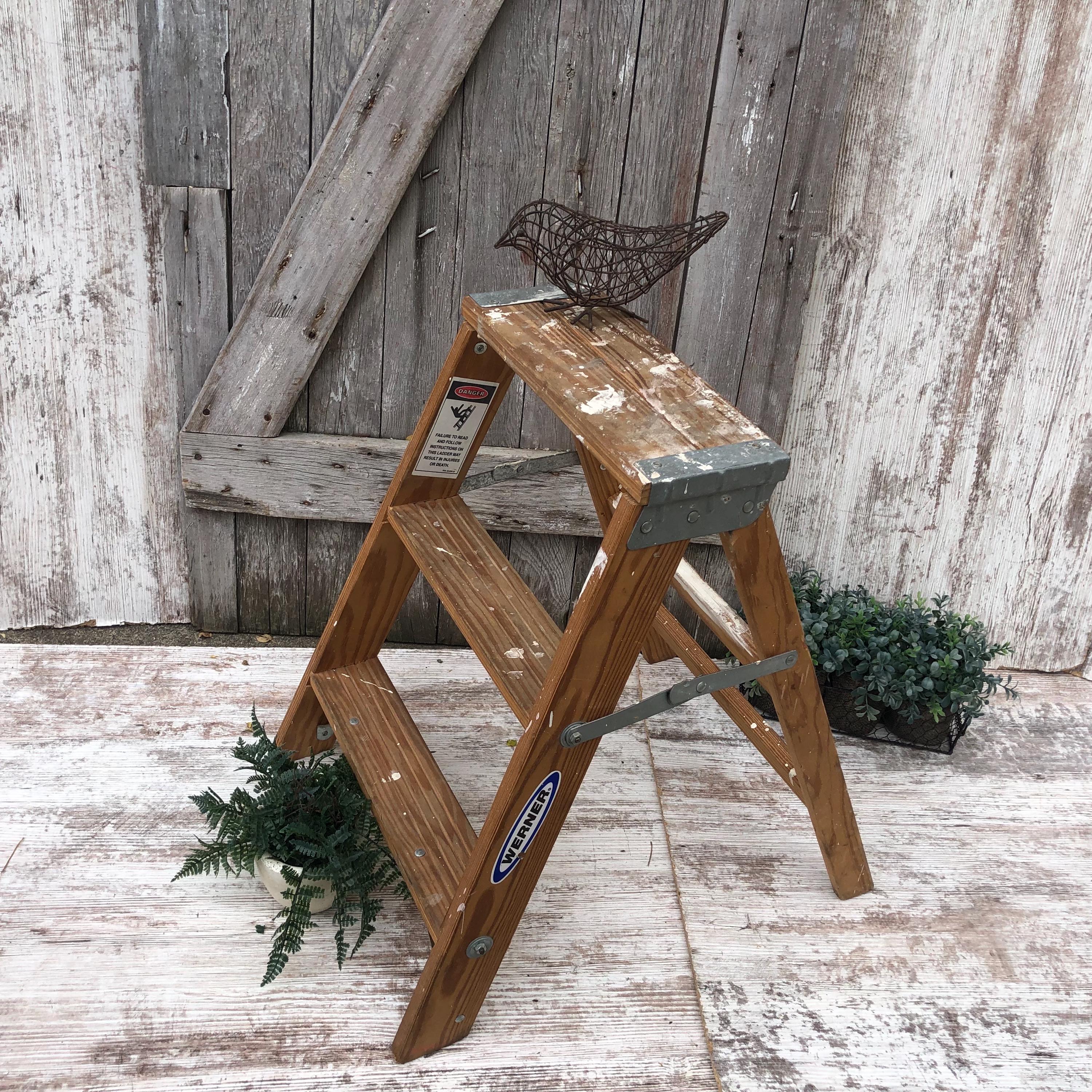 Werner Wood Ladder Two Step Plant Stand Farmhouse Rustic Wooden Step ...