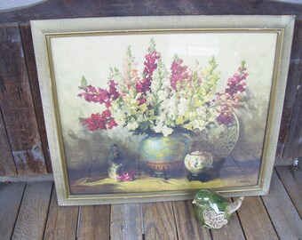 Louis Jambor Snapdragon Print Asian Pottery Garden Flowers Gold Grooved Frame