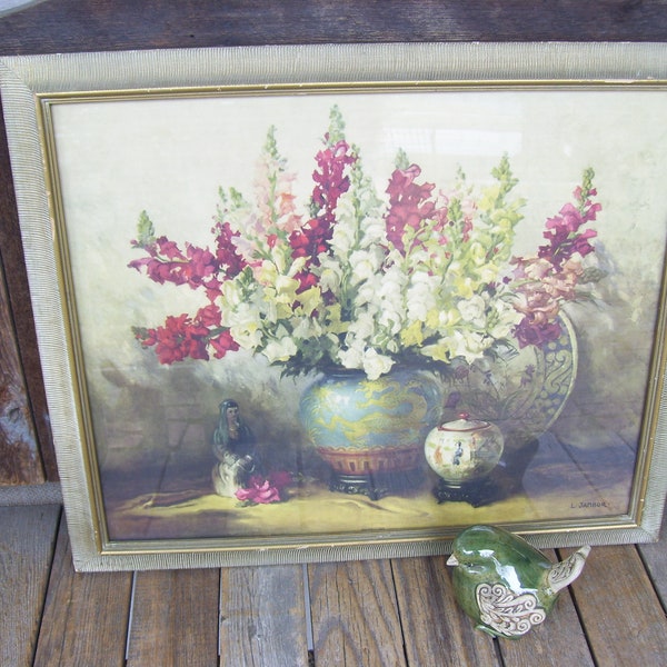 Louis Jambor Snapdragon Print Asian Pottery Garden Flowers Gold Grooved Frame