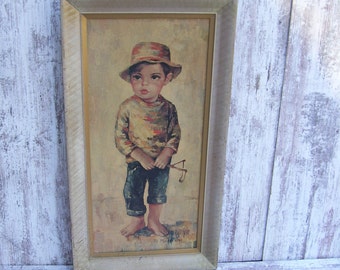 Big Eyed Boy M Medeiros Not Guilty Gold Frame Boy With Sling Shot Retro Art LARGE 34" Mid Century Art