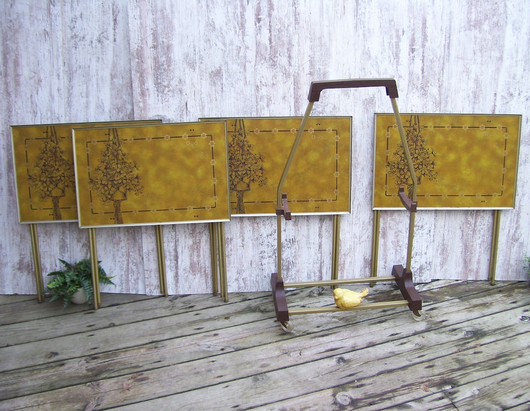 4 Lavada TV Trays Gold Plants Floral Mid Century Modern Etsy