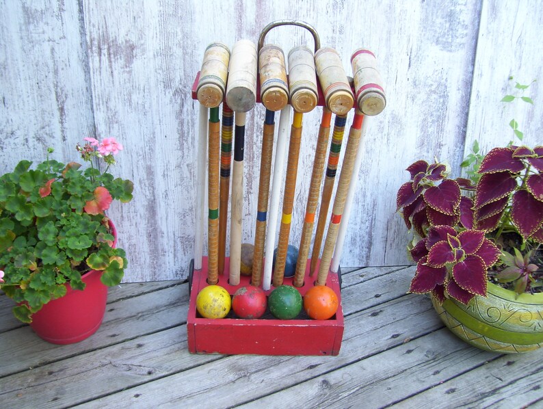 6 Wood Croquet Set Wheeled Stand White Mallets Rollaway Etsy