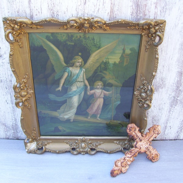 Guardian Angel H L Schutzengel L'Angelo Tutelare The Holy Guardian Angel With Girl Large Size Gold Gesso Frame