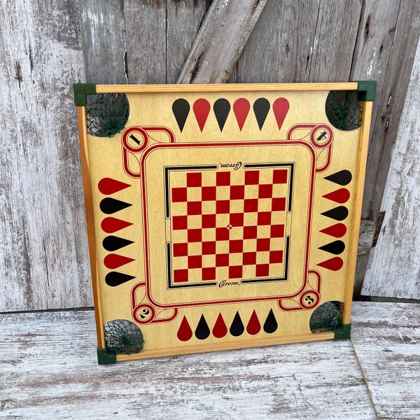 Vintage Carrom Wood Game Board Double Side Square Gameboard Checkers Game Room Crokinole ORIGINAL BOX