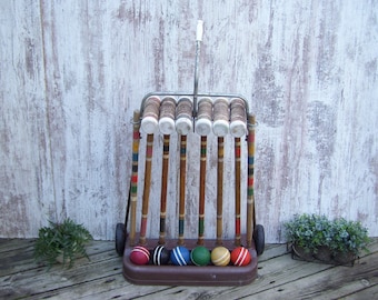 6 Player Lawnplay South Bend Wood Croquet Set Striped Mallets Complete Set Large Cart Sports Decor Lawn Game
