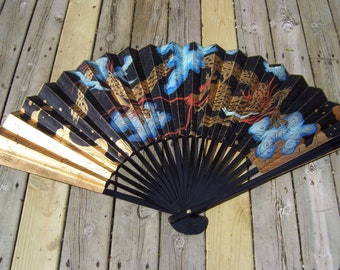 LARGE Asian Dragon Folding Fan Fire Breathing Gold Black Background Multi Colored Asian Oriental Folding Fan Wood Paper