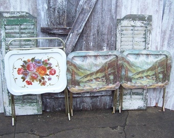 White Floral Metal TV Tray Or Two Mountain Valley MINT TV Trays Folding Table Cabin