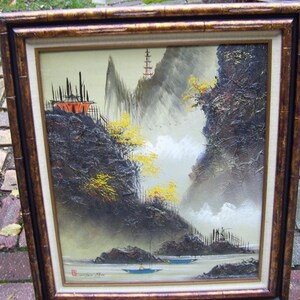 Large Original CHEN MAO Signed Oil Painting Horse Hair Waterfall Dated 1980 Asian Landscape Fishing Art Framed Temples