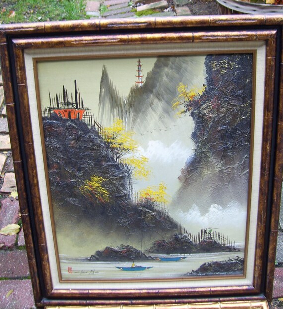 Large Original CHEN MAO Signed Oil Painting Horse Hair Waterfall Dated 1980 Asian Landscape Fishing Art Framed Temples