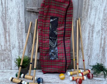 Vintage Croquet Set Wood Balls Red Plaid Carry Bag 31" Mallets Sports Decor Lawn Game MIXED Complete Set