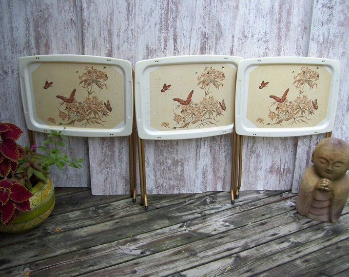 3 Lavada Fiberglass TV Trays Floral Orange Monarch Botanical Gold