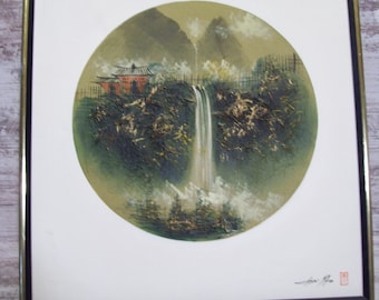 Chen Mao Signed Oil Painting Horse Hair Waterfall Dated Asian Landscape Creative Interior