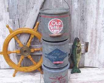 Minnow Bucket Old Pal Frabills Min O Life JC Higgins Bait Bucket Galvanized Metal Fishing Anglers YOUR CHOICE 2
