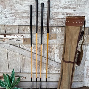 May include: A set of four vintage golf clubs with black grips and wooden shafts, labeled #1 and #4. A tan golf bag with brown leather trim sits to the right. A potted succulent plant is on the left, all against a weathered wood background.