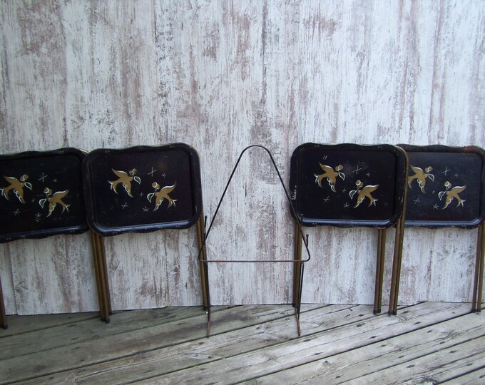 4 Black Metal TV Trays Atomic Birds Tray Metal Clips Folding Tables Includes Metal Stand SHABBY