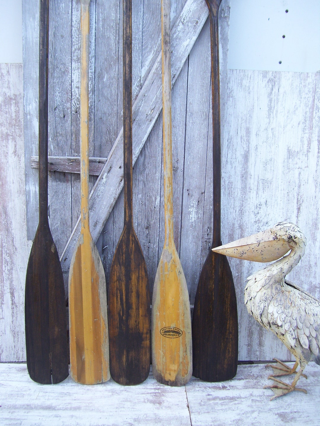 Vintage Wooden Feather Brand Canoe Paddle Wood Boat Oar Beach Cabin