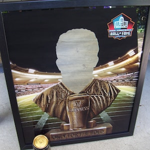 May include: A black framed poster with a bronze bust of a football player wearing a jersey. The bust is holding a glass of Guinness beer. The poster has the text "Pro Football Hall of Fame" and "Only for the Bold".