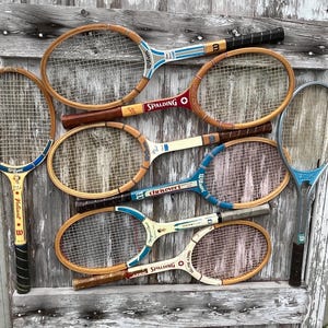 May include: A collection of seven vintage tennis rackets featuring wooden frames with nylon strings. The rackets include various brands such as Wilson and Spalding, with models labeled Valiant, Chris Evert, and others, showcasing blue, red, and white accents.