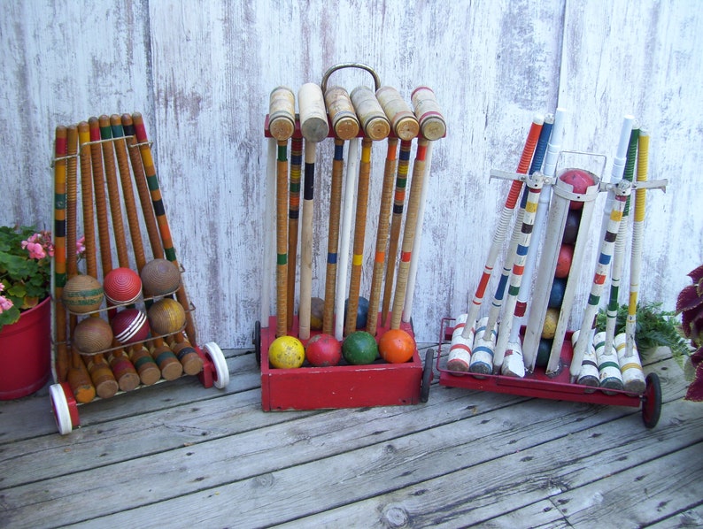 6 Wood Croquet Set Wheeled Stand White Mallets Rollaway Etsy