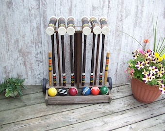 Brookstone Croquet Set Wood Mallet 6 Player Wooden Stand Sports Decor Lawn Game Wedding