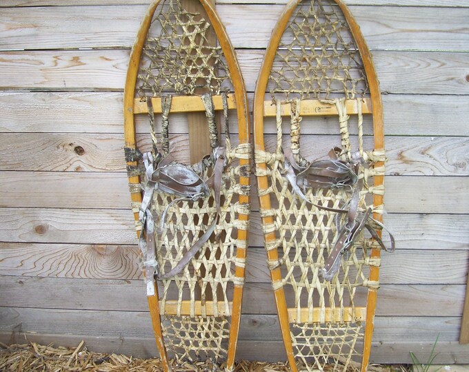 2 Gros Louis Wooden Snowshoes Leather Bindings Wood Snow Shoes Mountain