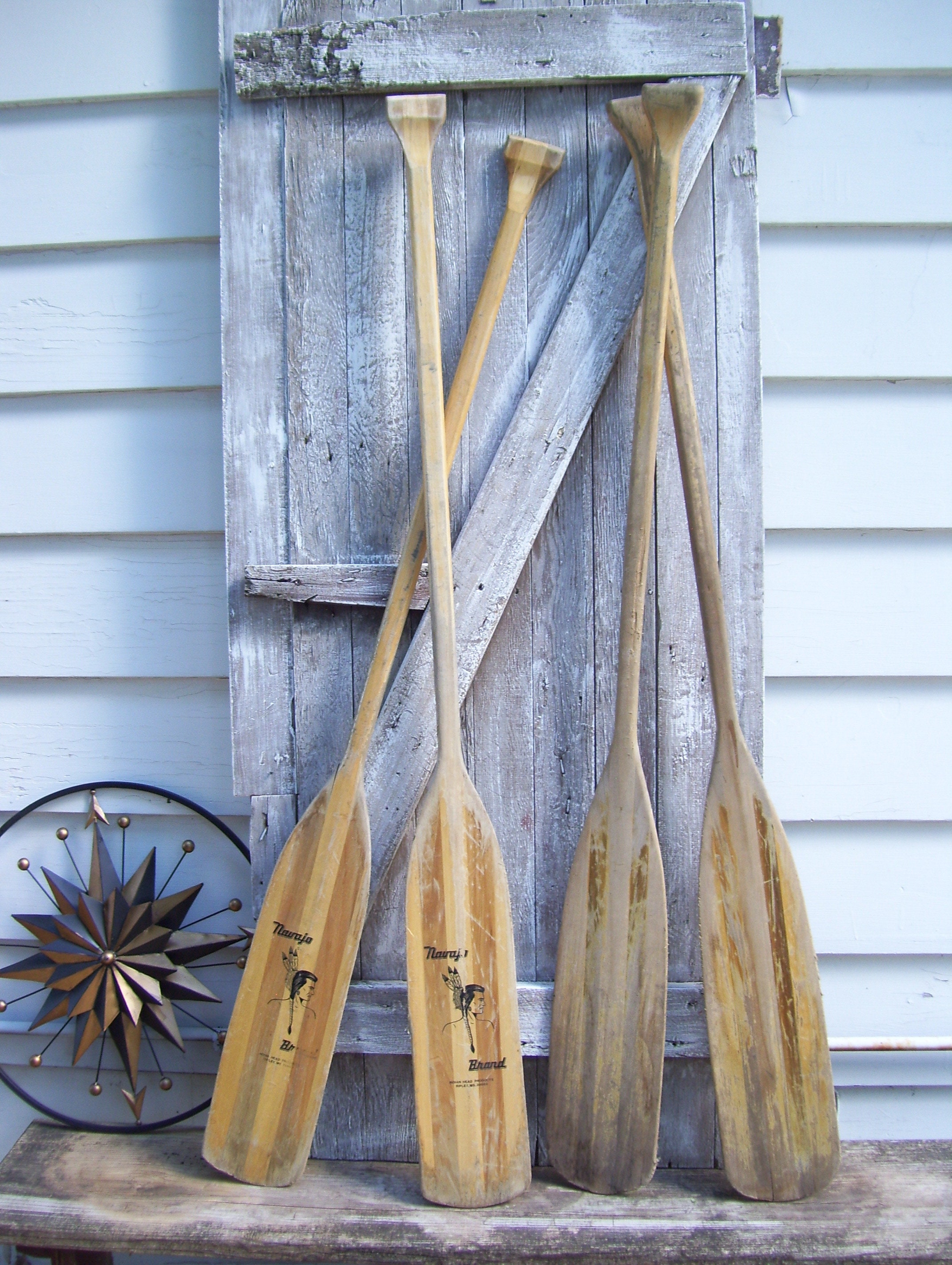 Vintage Wood Boat Oar Painted Paddles Wynn Locks Rustic Cabin Lodge